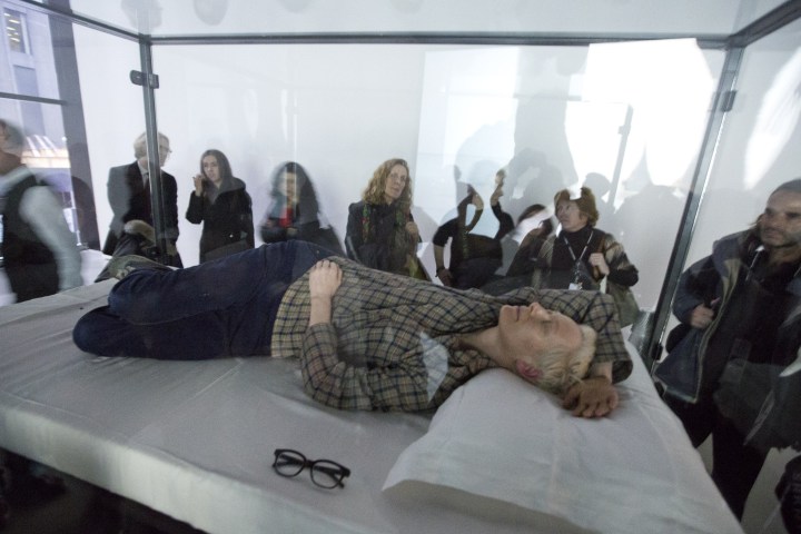 Actress Tilda Swinton performs the art of sleeping in her one-person piece called "The Maybe," in New York's Museum of Modern Art.